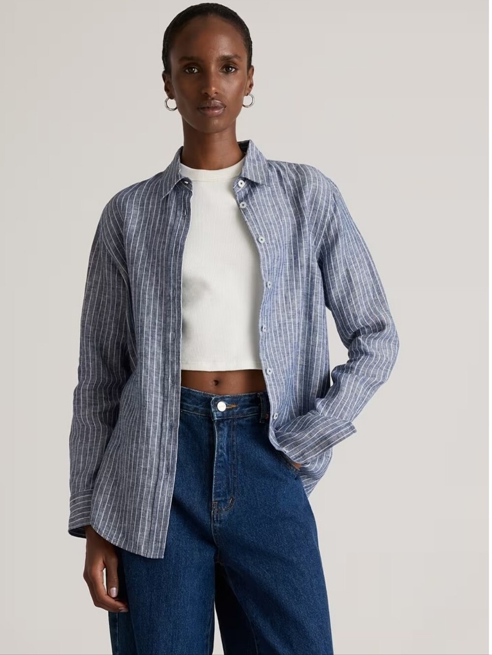 Quince Blue and White Striped Linen Shirt, Size Medium
